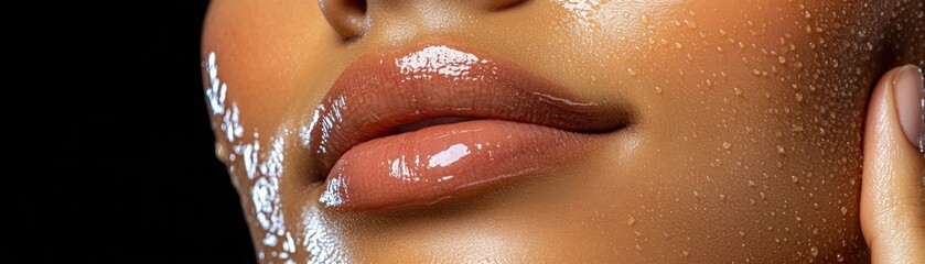 Fototapeta premium Close-Up of Smooth, Moisturized Lips with Glossy Finish, Water Droplets on Skin Highlighting Hydration and Natural Beauty in Studio Lighting Against Dark Background