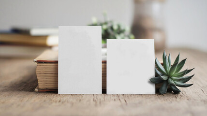 Two Blank White Business Cards Mockup on Wooden Table with Book and Succulent Plant