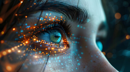 Close up female eyes as a biometrics eye scanning photorealistic futuristic digital cyber technology colourful facial recognition, dark background