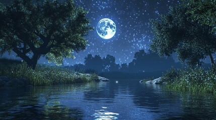 Naklejka premium serene river reflecting starry night sky and full moon