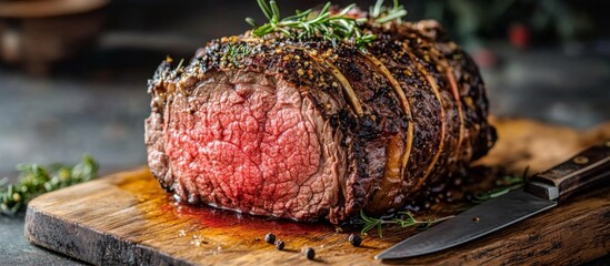 Large piece cooked beef wooden cutting board appears Grass-fed prime rib roast