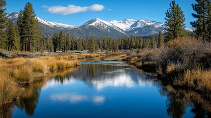 tranquil river reflects snow capped mountains and lush greenery