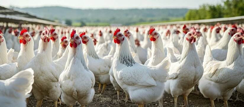 Large group white chickens poultry farm are standing Free range broilers