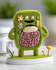 Cute Gut Microbiome Creature Green Grass Happy Healthy Intestines 3D Render Microflora Bacteria