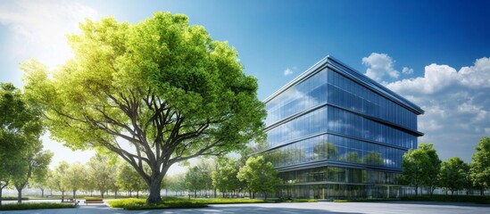 Modern high-rise building glass facade is located park-like city implements sustainable