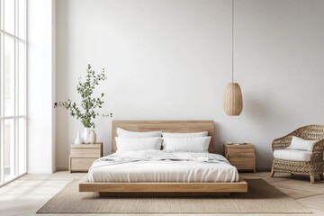 Modern minimalist bedroom large window left side room House interior backdrop, warm