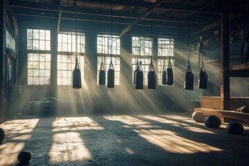 Old abandoned gym high ceiling large windows room Blank punching bags
