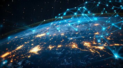 Obraz premium Communication technology for internet business. Global world network and telecommunication on earth cryptocurrency and blockchain and IoT