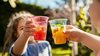Kids toasting with colorful cups of fruit juice outdoors