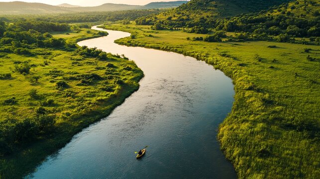 Kayaking on winding river through lush green landscapes
