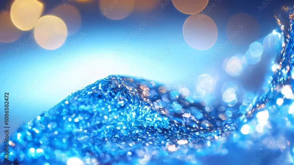 Poster close-up of sparkling blue glitter with soft bokeh lights in the background, creating a festive, mag