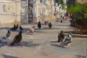 Pigeons oil painting. Beautiful graceful birds on the sidewalk in the sunlight. Close-up portraits. A hand-drawn illustration. Modern art. Artistic horizontal postcard for website design, printing