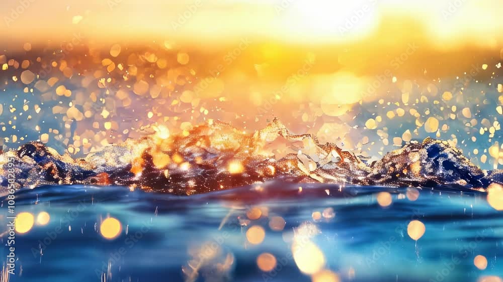 Poster golden light splashes across ocean waves, with sparkling bokeh effects and a vivid sunset in the bac
