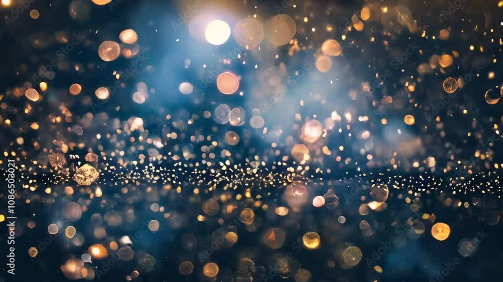 Poster golden bokeh lights scattered on a dark blue background, creating a magical, sparkling effect that e