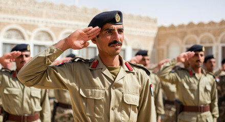 Yemeni soldiers giving salute during ceremony military, glory and honor, dignified military uniform