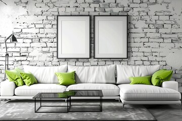 mock up poster frame in modern interior background, living room, Scandinavian style, 3D render, 3D illustration