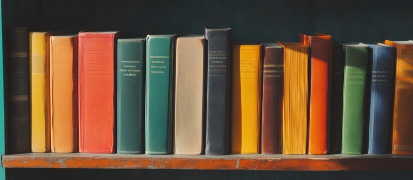 Various binders in bold colors standing upright on a shelf, 