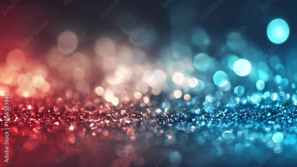 Poster a sparkling composition featuring red and blue glitter particles with a soft bokeh effect, creating 