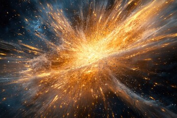 Fototapeta premium Abstract explosion with fiery sparks and glowing dust particles in dark space.