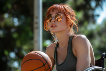  a female basketball player in a wheelchair