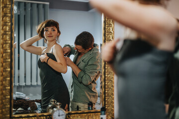 A woman adjusts her dress with help from a man as they prepare for a fun night out. The scene captures excitement and anticipation in a cozy setting.