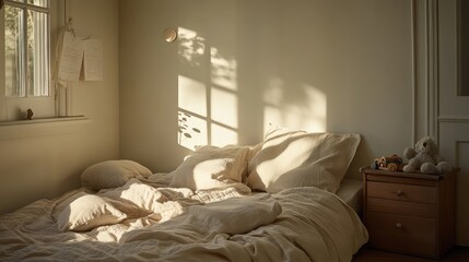 A toddler bed with light linens, a few scattered pillows, and a small wooden toy chest nearby.