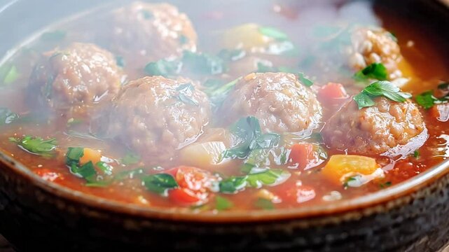Discover a comforting meatball soup filled with fresh vegetables and herbs, perfect for autumn gatherings. This rich dish is satisfying, warm, and ideal for chilly days with family.