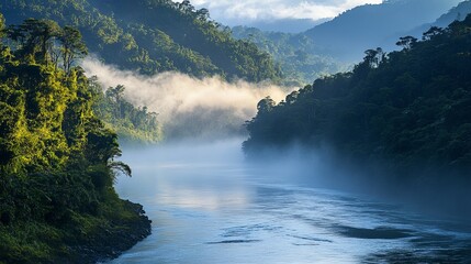 Majestic river flowing through dense forest with misty hills