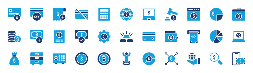 Finance set of blue icon. Credit Card, Cvv, Plus, Global Economy, Block, Laptop, Bid, Webpage, Chart, add,  Briefcase, Dollar, Invoice, Cash Payment, Euro, Cash Withdrawal, Ingot vector illustration.