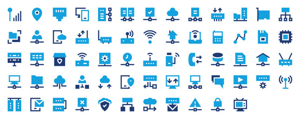 Network and Technologies set of blue icon. Network, Electronic Device, Mobile Application, Ethernet, Pc,  Document, Check, Virtual Reality, Cloud Computing, User Avatar vector illustration. 