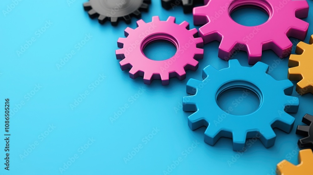 Poster business sales and algorithm concept. colorful gears of various sizes arranged on a bright blue back