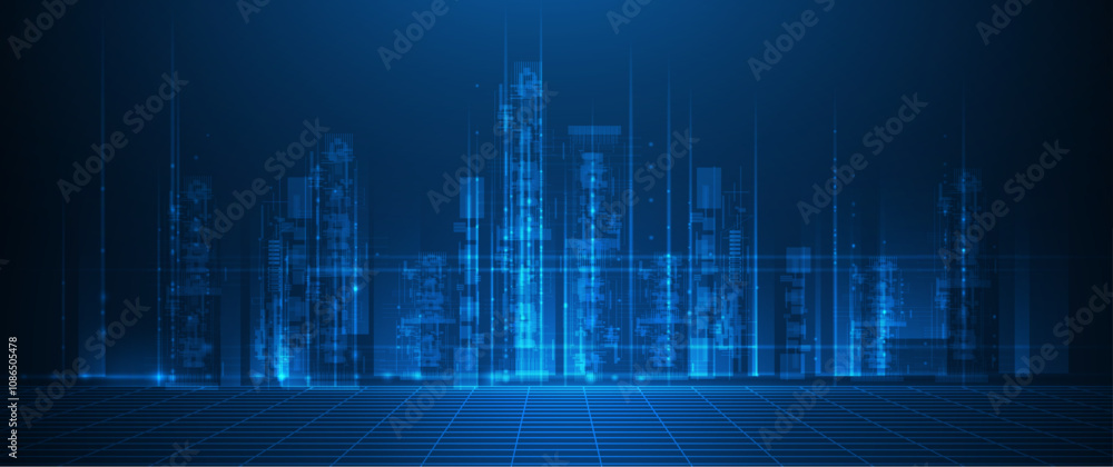 Poster vector illustration architecture, cityscape with cyber space, neon light. modern hi-tech, science, d