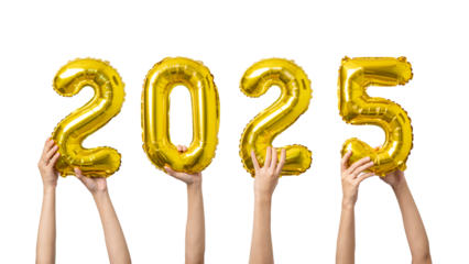 Female hands with 2025 text made of foil balloons on transparent PNG, happy new year and Christmas theme