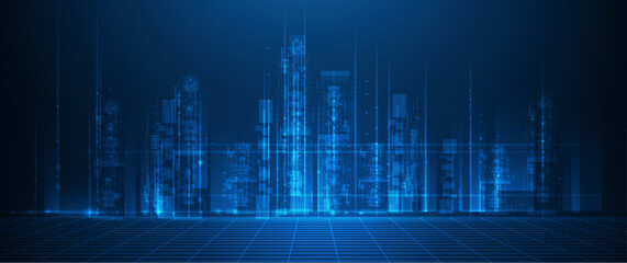 Vector illustration architecture, cityscape with cyber space, neon light. Modern hi-tech, science, data - datum futuristic technology concept. Abstract digital city, innovation design for background