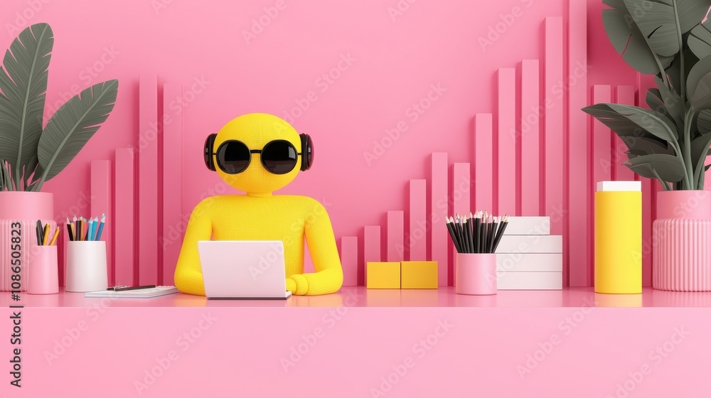 Poster business sales and algorithm concept. a vibrant workspace featuring a yellow character with headphon