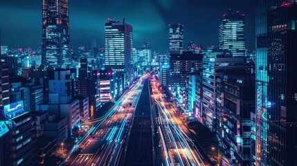 Obraz premium Night cityscape with vibrant lights and urban skyline