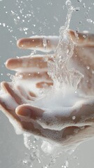 Fototapeta premium a stylized close-up of water droplets splashing onto foamy hands, creating a sparkling effect, celebrating National Handwashing Awareness Week, 