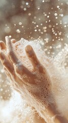 Fototapeta premium a stylized close-up of water droplets splashing onto foamy hands, creating a sparkling effect, celebrating National Handwashing Awareness Week, 