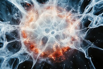Abstract swirling nebula with fiery core and scattered stars.