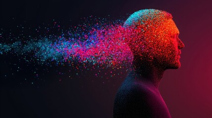 Business sales and algorithm concept. A colorful, abstract representation of a human silhouette, with vibrant particles dispersing, symbolizing creativity or mental expansion.