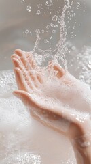 Fototapeta premium a stylized close-up of water droplets splashing onto foamy hands, creating a sparkling effect, celebrating National Handwashing Awareness Week, 
