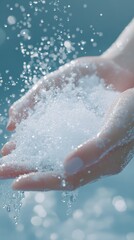 a stylized close-up of water droplets splashing onto foamy hands, creating a sparkling effect, celebrating National Handwashing Awareness Week, 