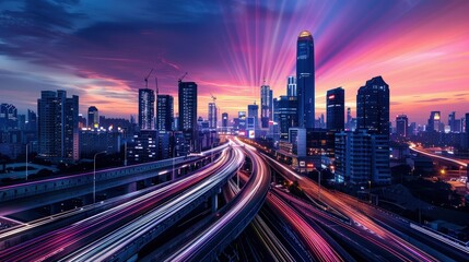 Obraz premium Vibrant Cityscape at Dusk with Light Trails