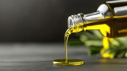 Golden Olive Oil Pouring from Glass Bottle, Fresh and Healthy Ingredient for Cooking and Dipping