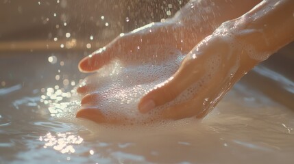 Fototapeta premium An empty scene featuring blank mockup template filled with a close-up of foamy hands under running water, sparkling bubbles reflecting sunlight, celebrating National Handwashing Awareness Week, 