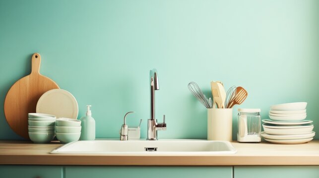 An empty scene featuring blank mockup template filled with a clean and modern kitchen sink surrounded by dishes and a handwashing reminder card, celebrating National Handwashing Awareness Week, 