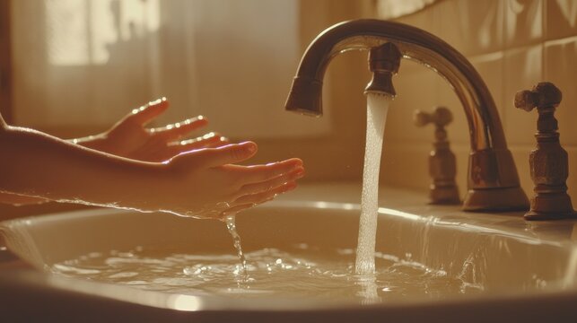 blank mockup template filled with two small hands reaching up towards a faucet, with water cascading down gracefully, celebrating National Handwashing Awareness Week,