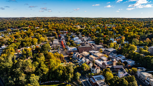 Morning fall, autumn, October 2024, aerial photo of the area surrounding the Village of Dobbs Ferry, NY, USA