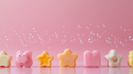 blank mockup template filled with a row of colorful hand soaps in various shapes (stars, hearts, animals) with bubbles floating in the air, celebrating National Handwashing Awareness Week, 
