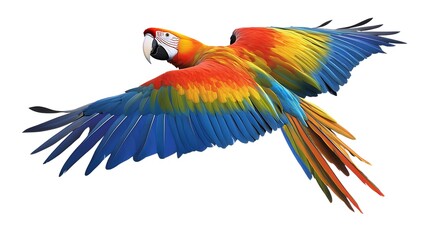 Obraz premium Tropical macaw parrot with vivid rainbow-colored feathers soaring through the sky, isolated on transparent background ,